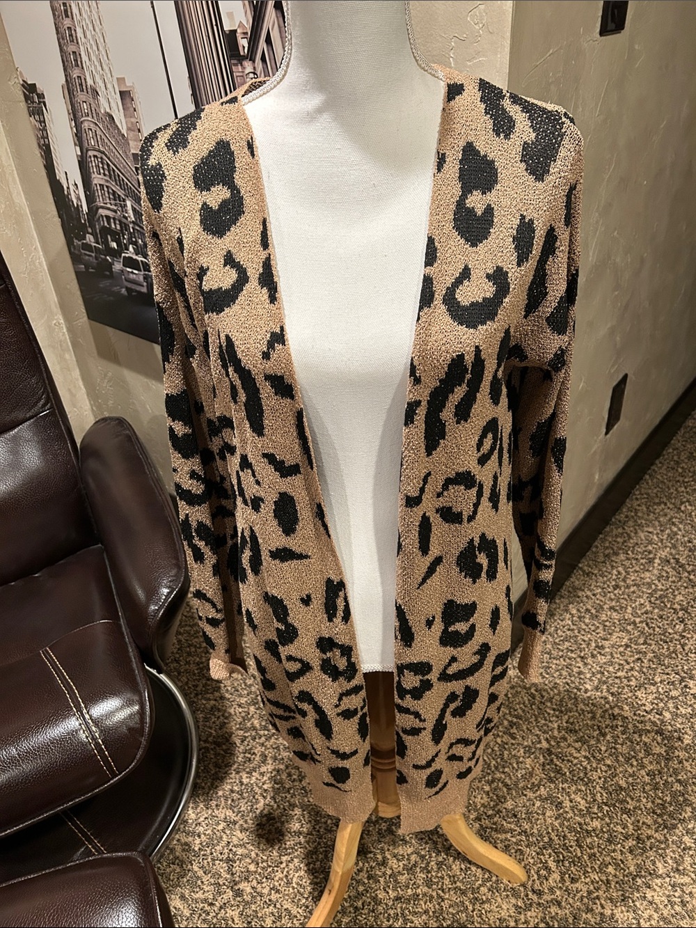 Leopard Print Long Open Cardigan - Tan/Black med